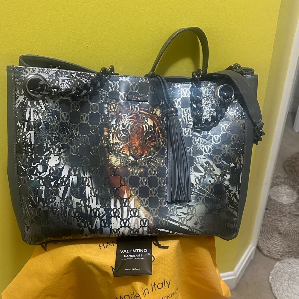 Valentino Black and Gray Tiger Print Tote